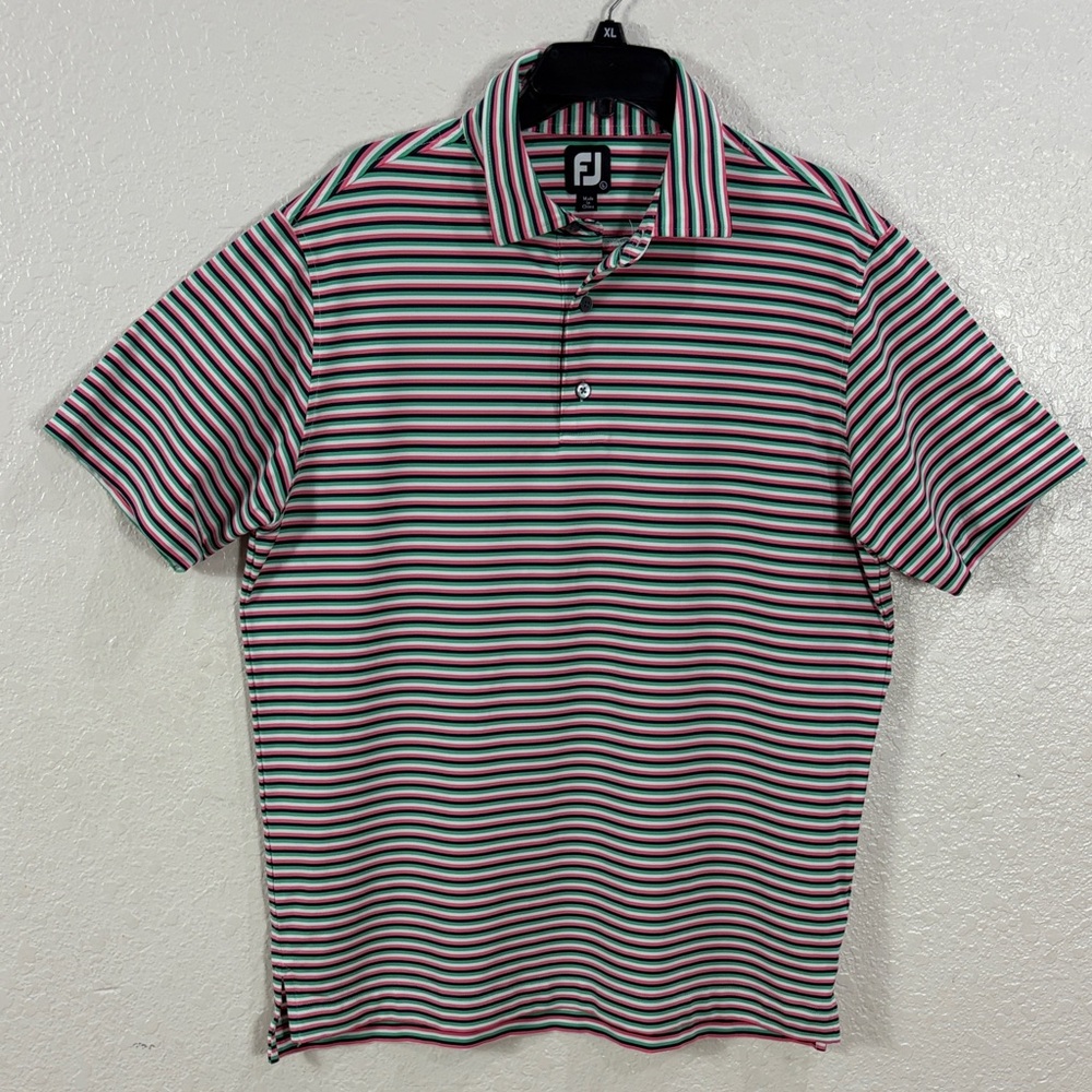 Foot Joy ,Men's Golf Striped Polo Shirt - Black,Pink,Green, Size L